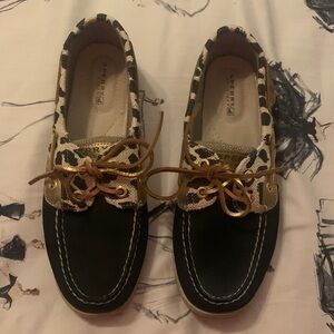 Sperry Black and Gold Leopard Boat Shoes